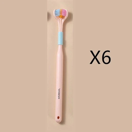 Soft bristle toothbrush with 3-sided brush head for thorough dental cleaning