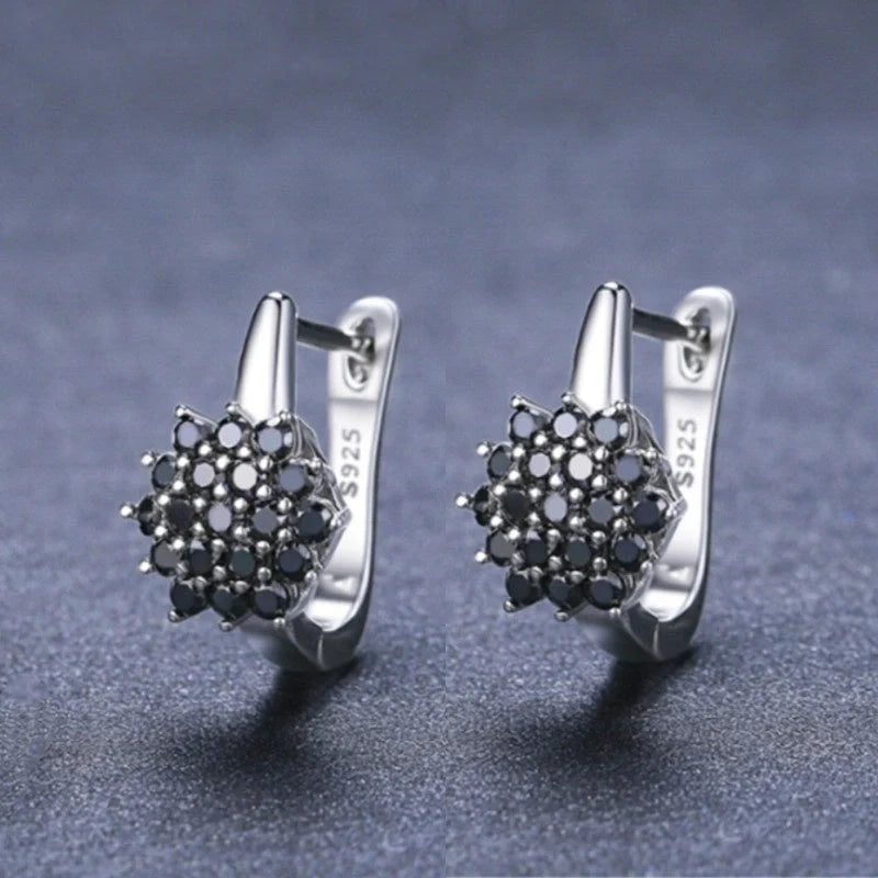 Korean-style copper vintage black zircon flower stud earrings for women