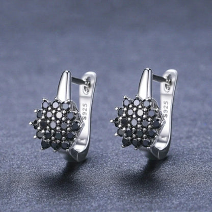 Korean-style copper vintage black zircon flower stud earrings for women