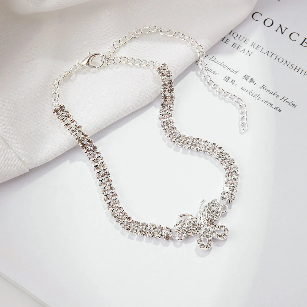 Butterfly Anklet with alloy inlaid gemstones in gold and silver for women