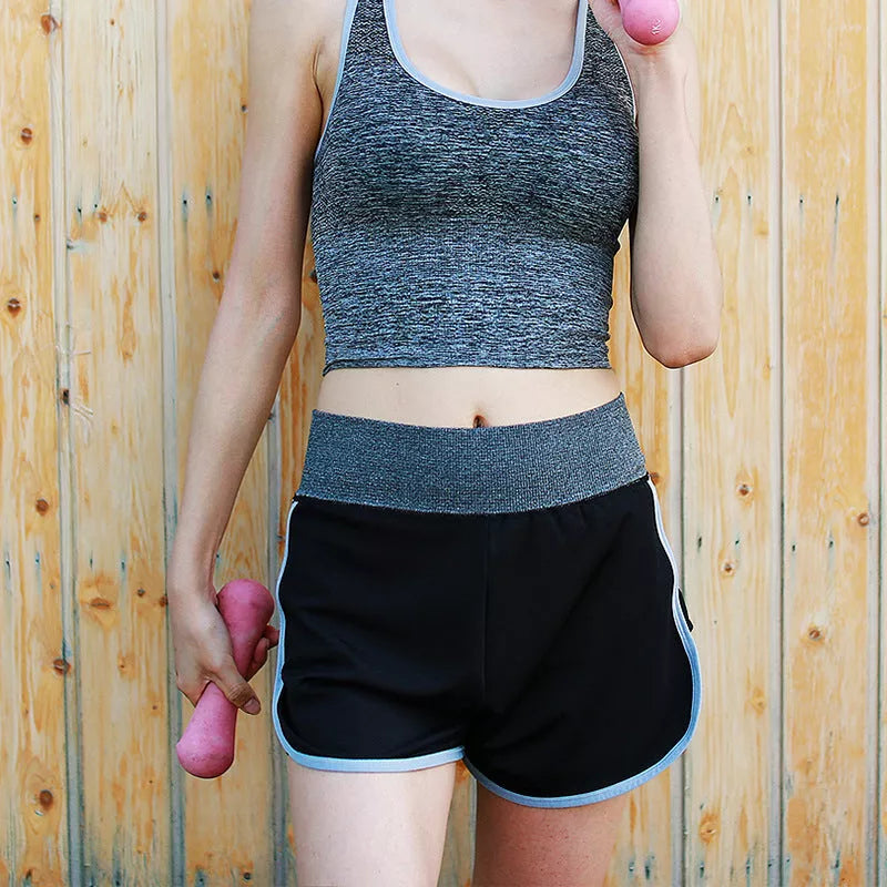 Women's yoga sports shorts with gallbladder lining in rose red, grey, and green