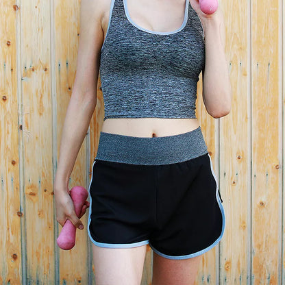 Women's yoga sports shorts with gallbladder lining in rose red, grey, and green