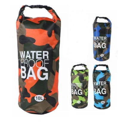 Camouflage waterproof bucket bag for outdoor adventures, available in multiple sizes and colours.