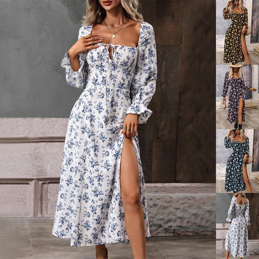 Floral Long Sleeve Swing Dress with Square Neckline and Slit - A stylish and versatile British-inspired women's clothing piece