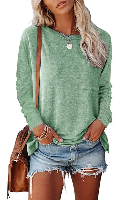 A long-sleeved cotton-polyester blend T-shirt in a variety of classic and on-trend colours, featuring a stylish chest pocket design.