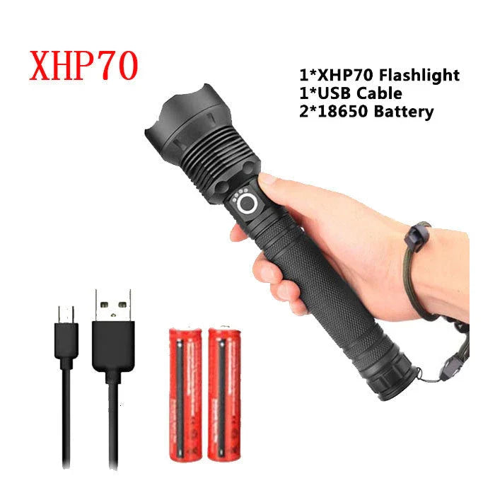 A durable, waterproof USB rechargeable flashlight with adjustable zoom and powerful LED light.