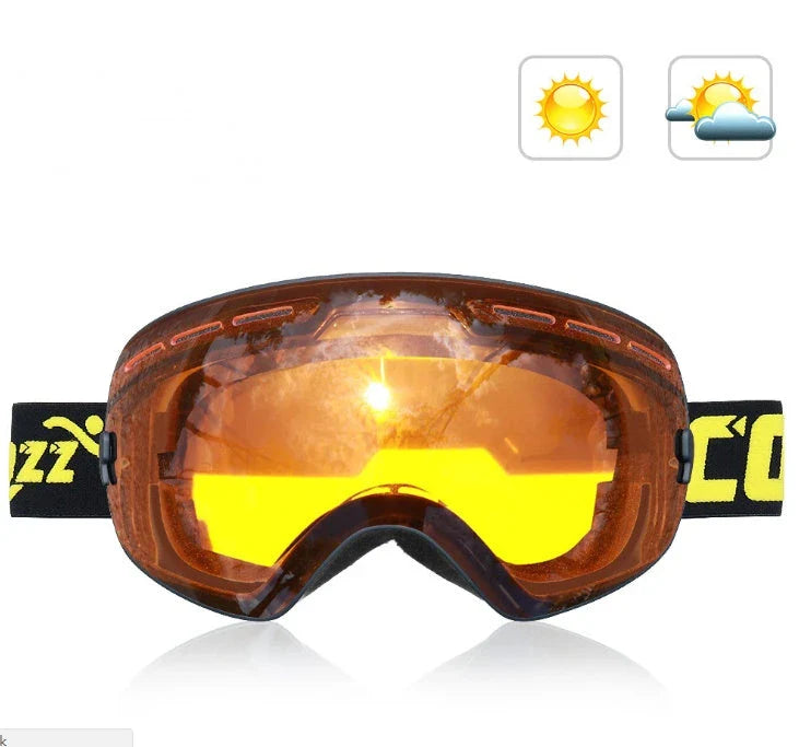 Premium ski goggles with anti-fog spherical lenses, available in a variety of frame and lens color options for winter sports enthusiasts.