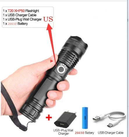 A durable, waterproof USB rechargeable flashlight with adjustable zoom and powerful LED light.