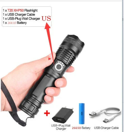 A durable, waterproof USB rechargeable flashlight with adjustable zoom and powerful LED light.