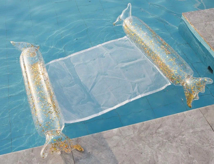 Inflatable water lounge chair in blue, floating in pool with hammock-style design