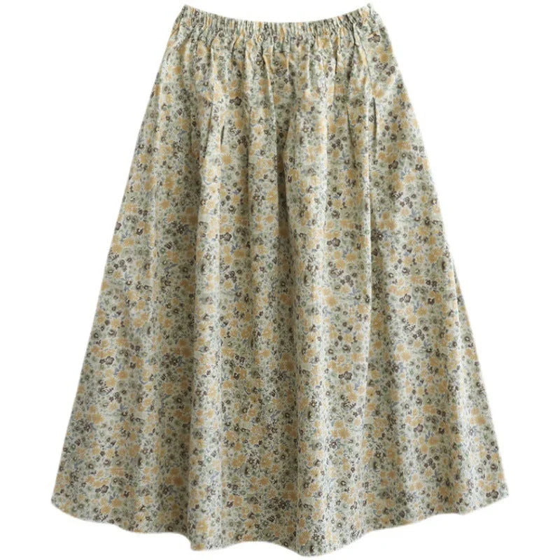 Artistic Floral Washed Cotton Skirt with little yellow and blue flowers, urban leisure style