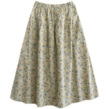 Artistic Floral Washed Cotton Skirt with little yellow and blue flowers, urban leisure style