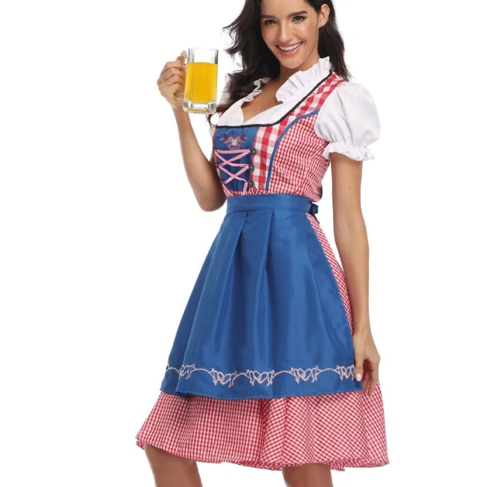 Traditional Oktoberfest ethnic dress for women in vibrant red denim with apron and ribbon