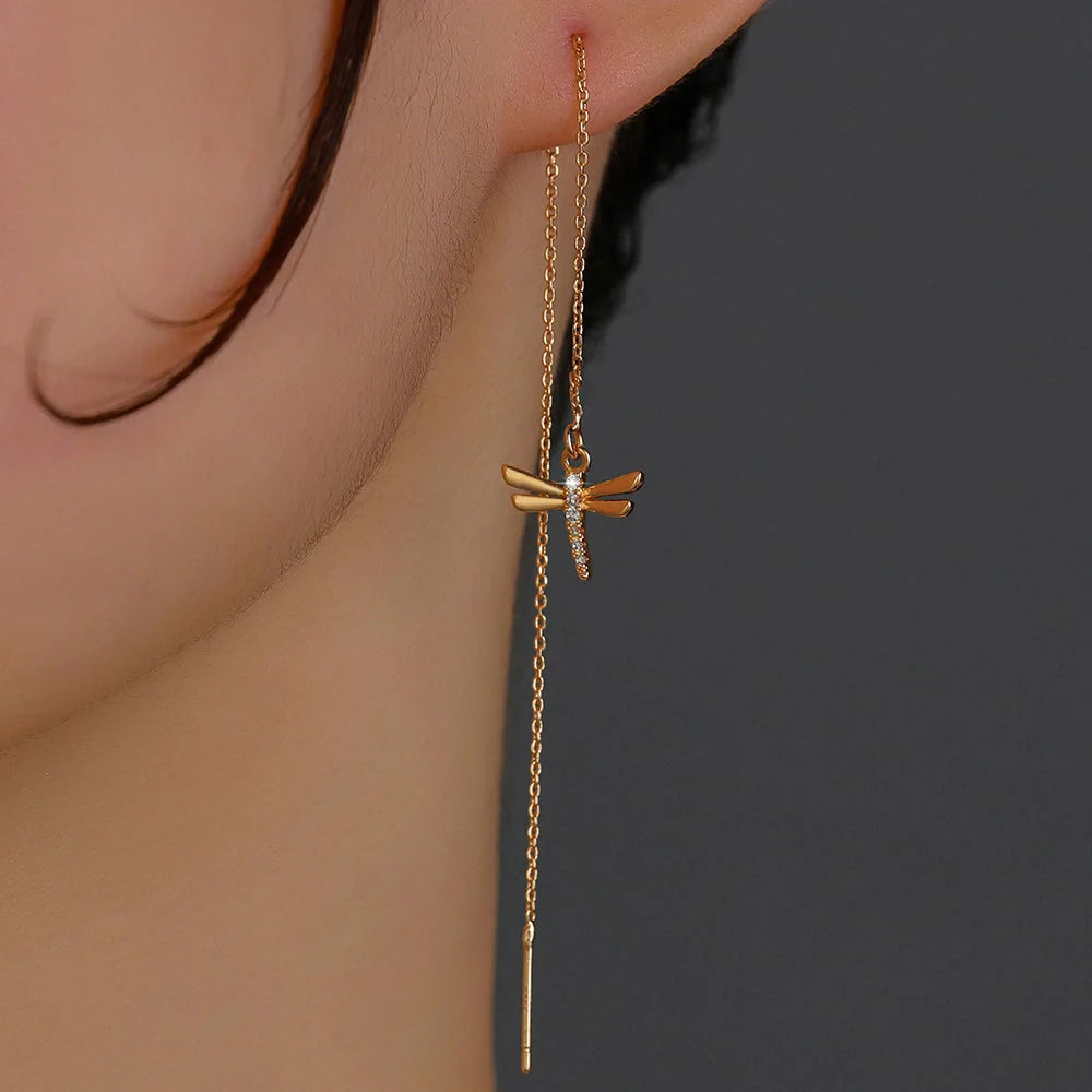 Gold Copper Dragonfly Earrings with Zircon Long Tassel - Elegant Fashion Jewelry