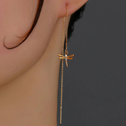 Gold Copper Dragonfly Earrings with Zircon Long Tassel - Elegant Fashion Jewelry