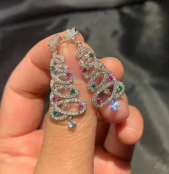 Women's Christmas Tree Tassel Earrings with colourful zircon inlays