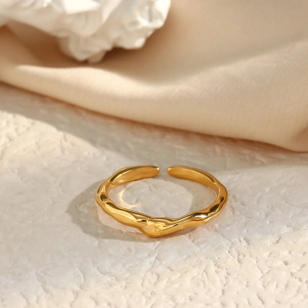 Elegant adjustable stainless steel bamboo ring with gold finish