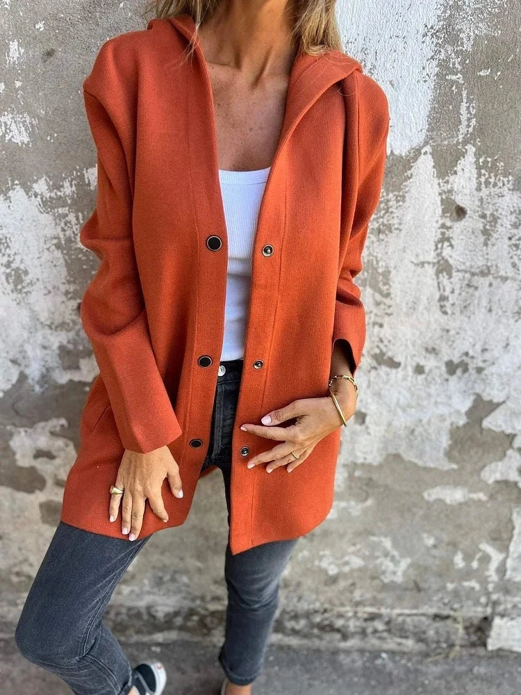 A stylish hooded cardigan jacket in various colors, featuring a single-breasted design and adjustable hood for versatile fashion.