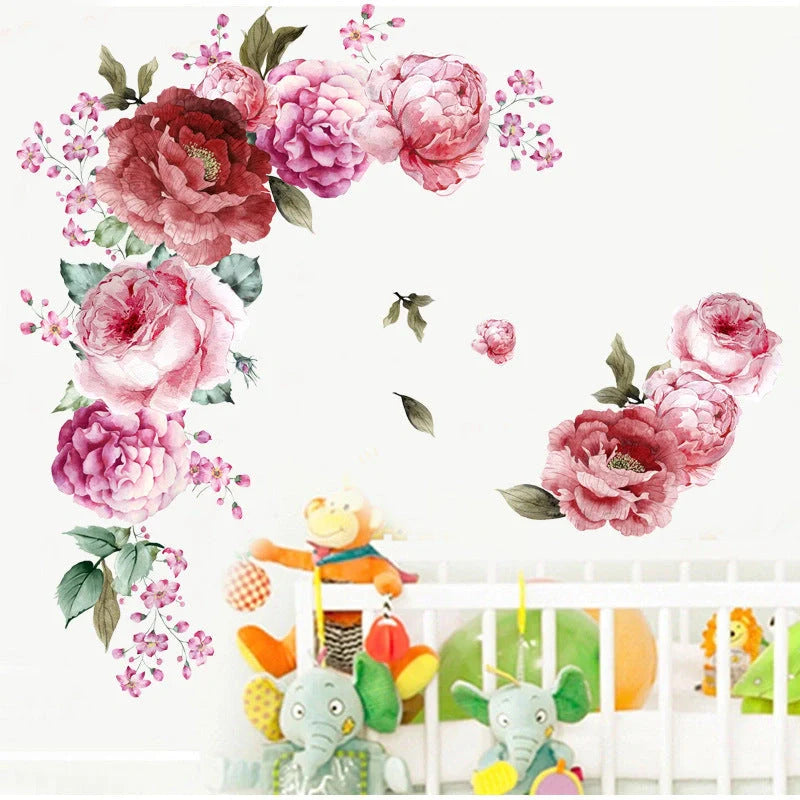 Red watercolour peonies flower wall stickers for home decoration