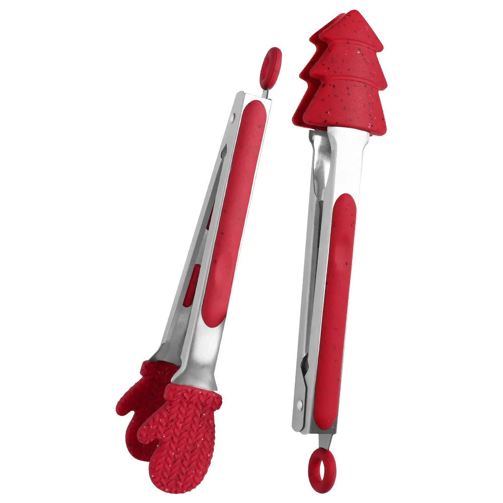 Christmas silicone kitchen tongs with festive designs for BBQ, bread, and salads