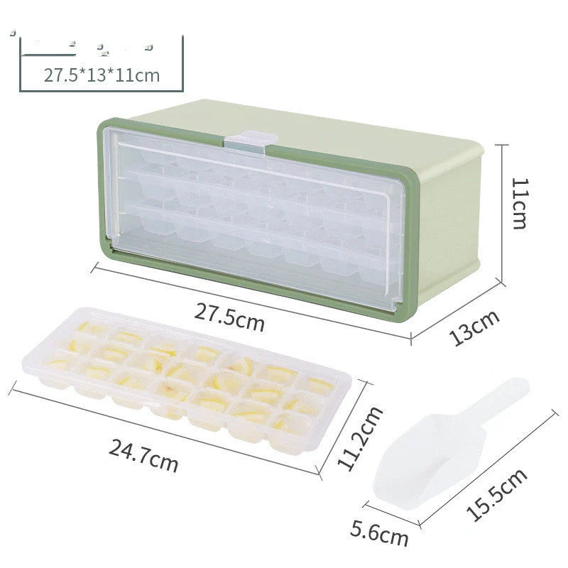 Drawer-type plastic ice cube mold maker with lid and storage bin for easy ice cube making and storage