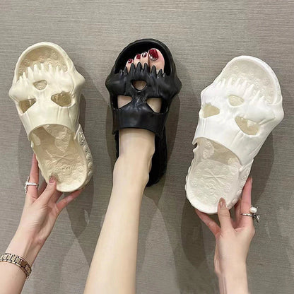 Spooky skull-designed slippers in various colors and sizes for indoor, outdoor, and beach wear