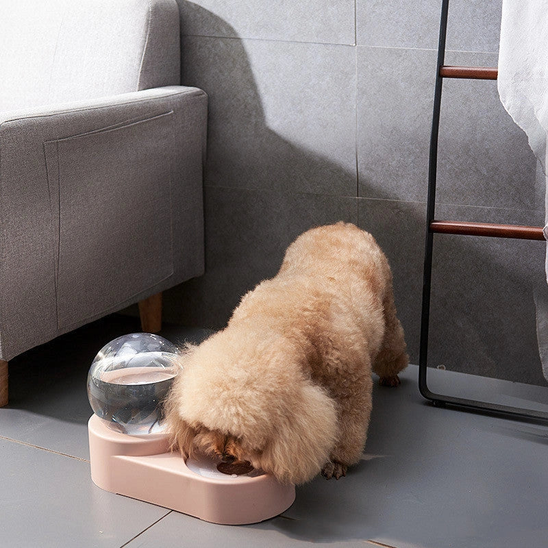 Automatic non-electric pet water dispenser with bowl, 1.8L capacity, available in grey, blue, and pink