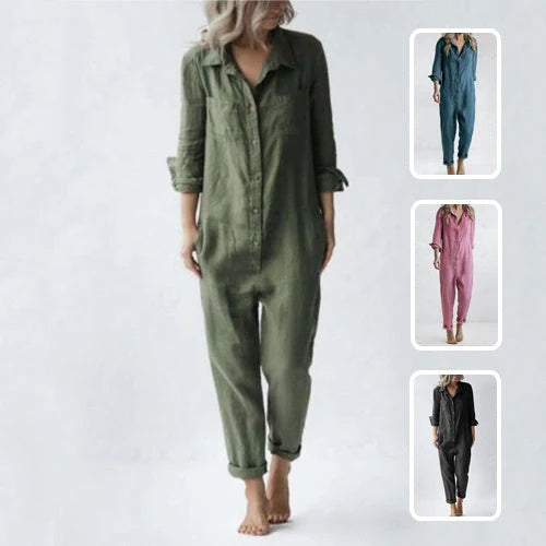 Women's loose fit long sleeve jumpsuit with pockets in various colors