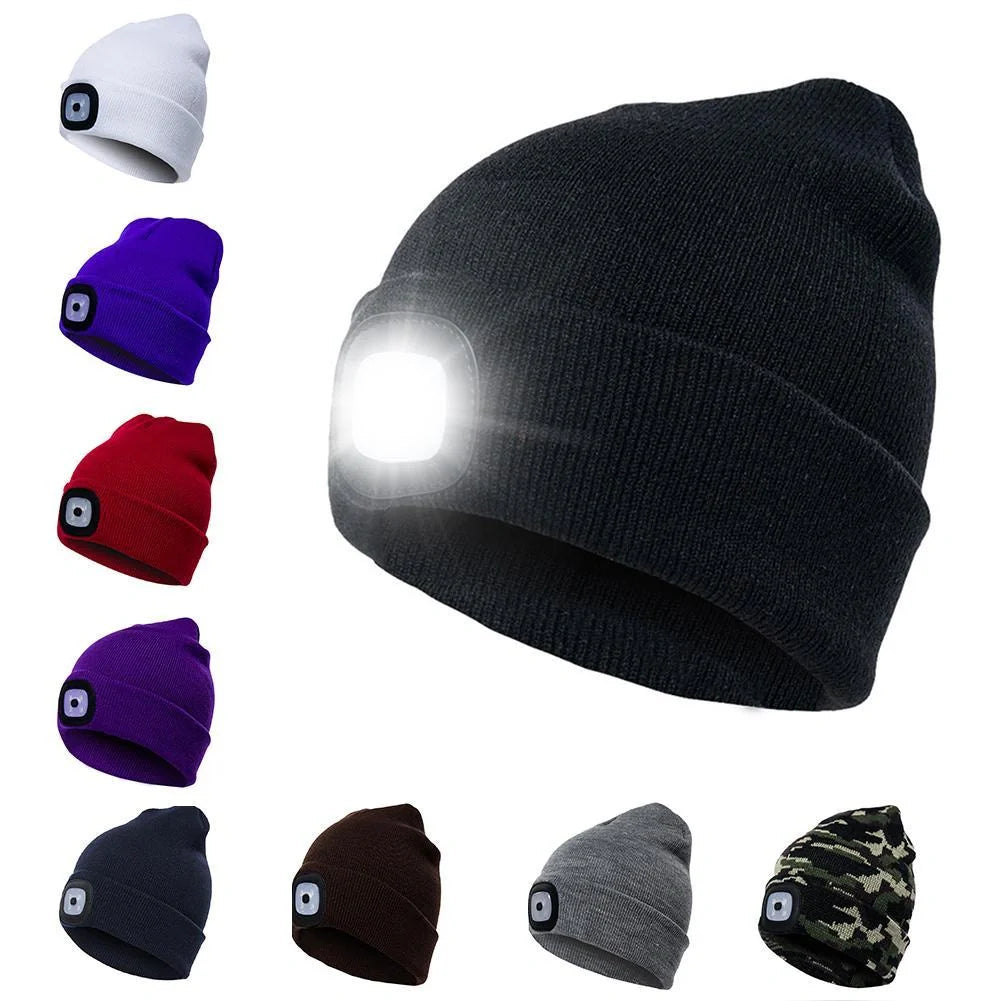 LED Knit Hat with built-in light for night visibility, made from 100% wool