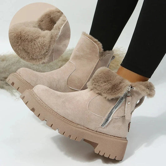 Women's foldable plush snow boots in black and khaki with round-toe design