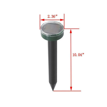 Solar-powered ultrasonic pest deterrent device for repelling moles, rats, snakes, and other burrowing pests from gardens and outdoor spaces