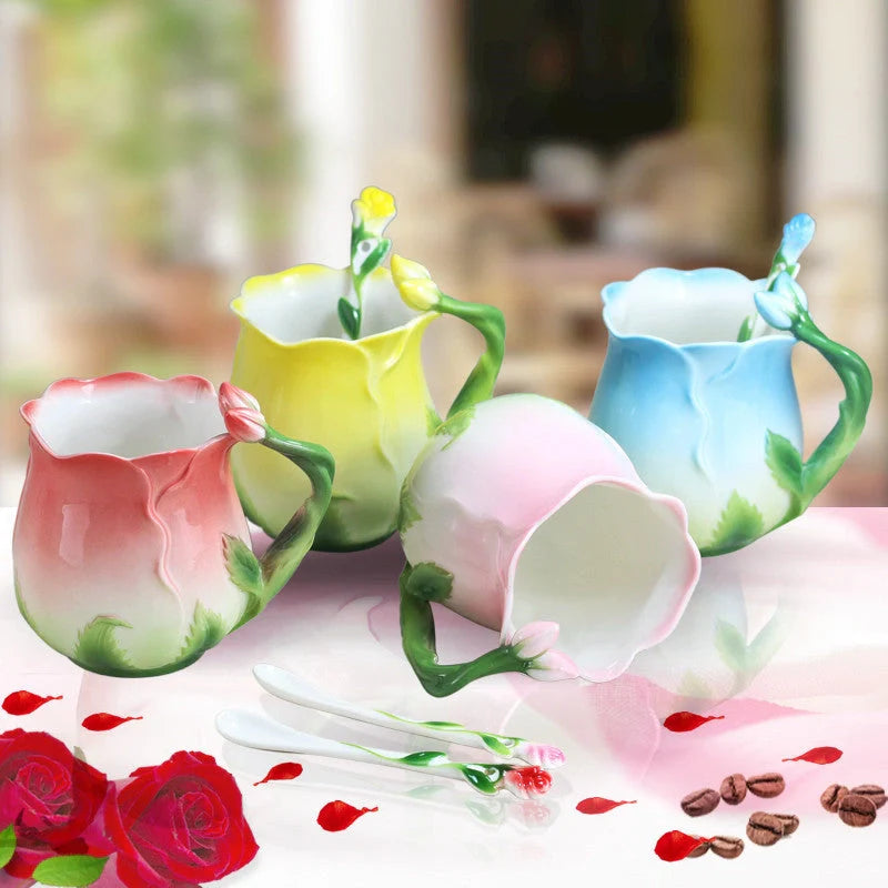 Hand-painted rose ceramic coffee mug with spoon, 320ml capacity