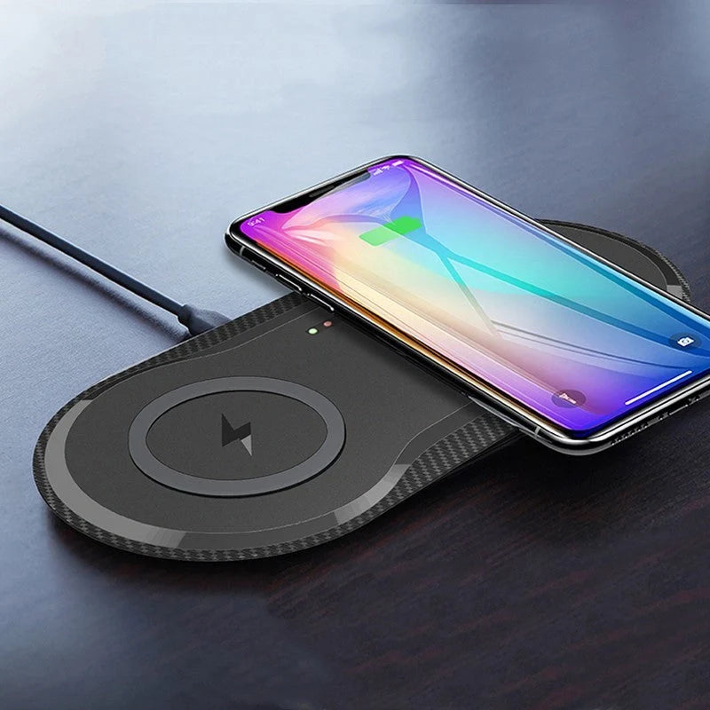 Dual wireless mobile phone charger in black and white, featuring intelligent temperature control