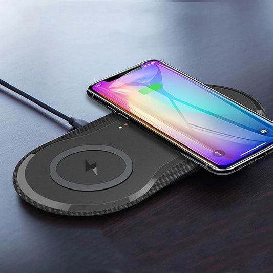 Dual wireless mobile phone charger in black and white, featuring intelligent temperature control
