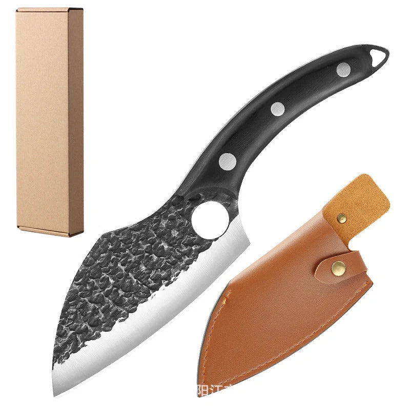 Forged High Carbon Steel Outdoor Bending Knife with PU leather cover and cowhide box