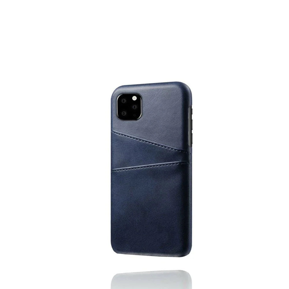 Stylish double card slot protective iPhone case with geometric pattern design, available in various color options
