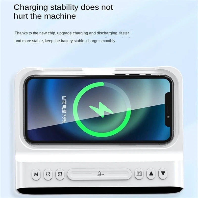 15W Three-in-one Wireless Charger with Temperature Tester and Multi Alarm Clock in black and white