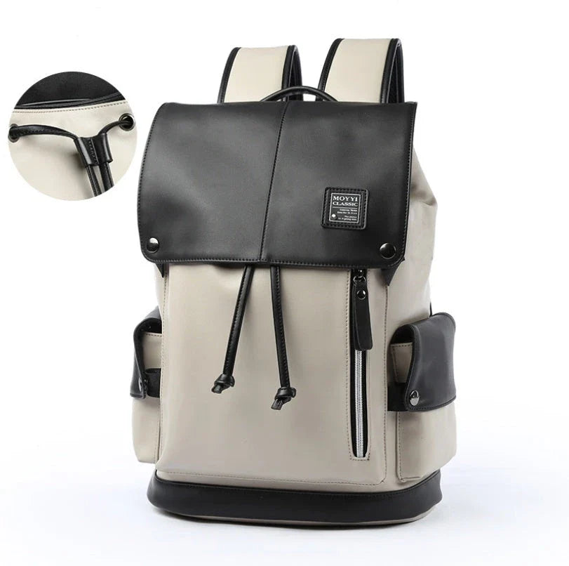 Premium PU leather backpack in black and white colours, featuring a spacious main compartment and multiple pockets for excellent organisation.