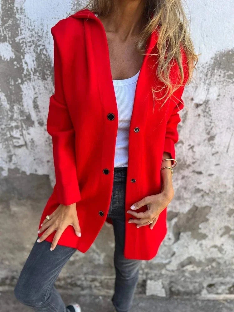 A stylish hooded cardigan jacket in various colors, featuring a single-breasted design and adjustable hood for versatile fashion.
