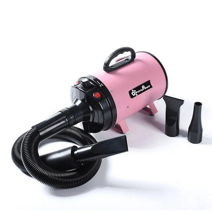 A high-powered, quiet pet hair dryer in various colors, designed for fast and efficient drying of dogs and cats.