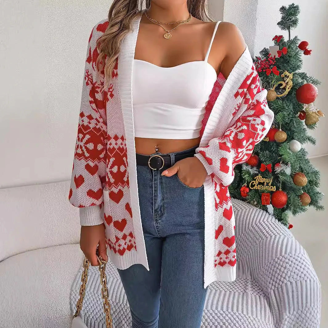 Women's open-front deer print cardigan sweater with lantern sleeves in red, green, and white colors