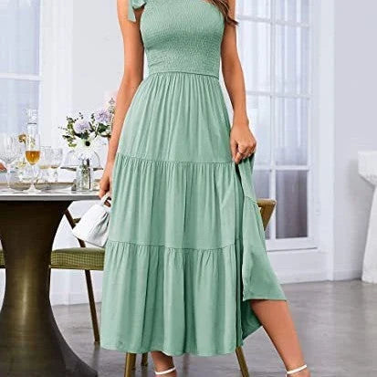 Stylish one-shoulder dress with pleated details, asymmetrical hemline, and leg-baring side slit in various colors