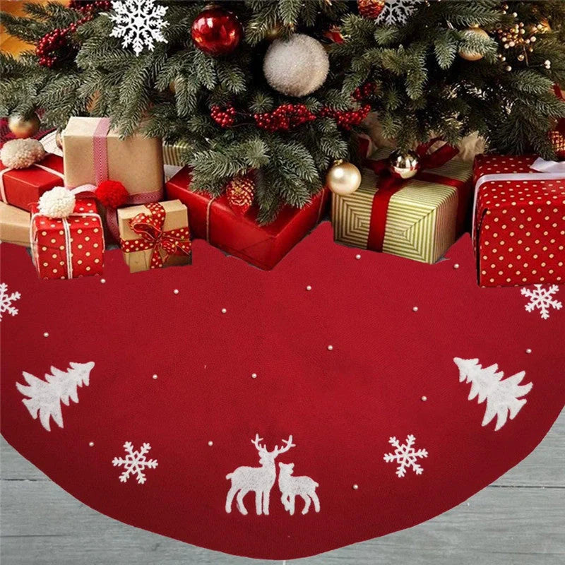 Handmade knitted Christmas tree skirt with 3D vivid patterns in burgundy