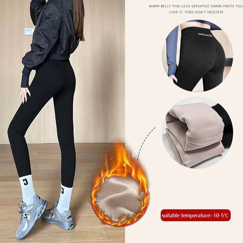 Winter fleece leggings with high waist and tummy control in black, grey, and brown