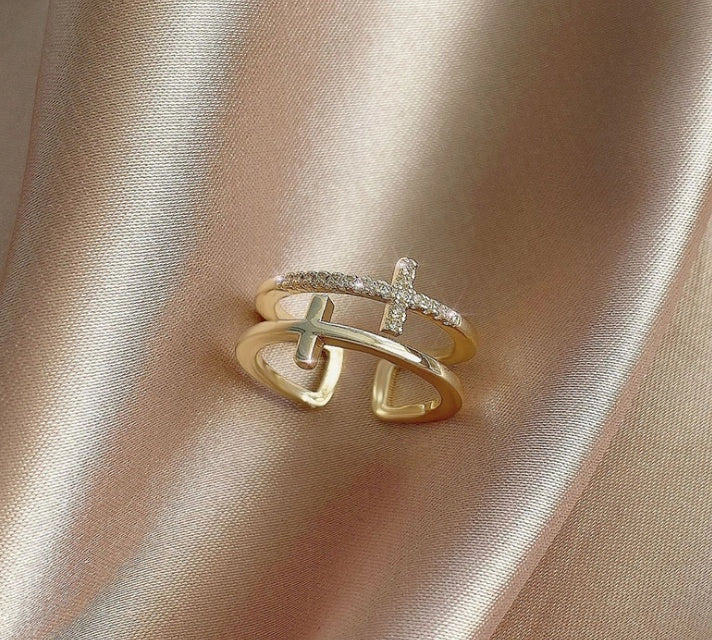 Double Cross Miniature Copper Inlaid Zircon Ring with adjustable opening for women