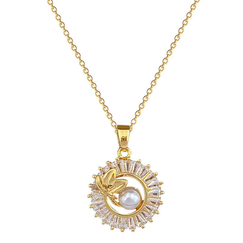 Personalized jewelry set with square pendant, round ring, and leaf-shaped earrings in titanium steel with diamond accents