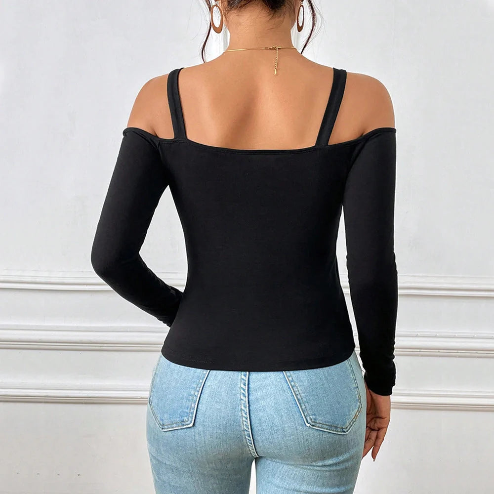 Stylish off-shoulder top with metal hook closure, long sleeves, and premium knitted fabric for modern British fashion