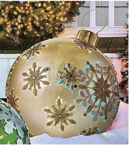 Inflatable Christmas baubles in various festive designs for outdoor holiday decoration