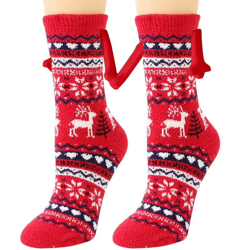 Christmas couple socks with magnetic suction feature for hand holding, festive 3D animal patterns
