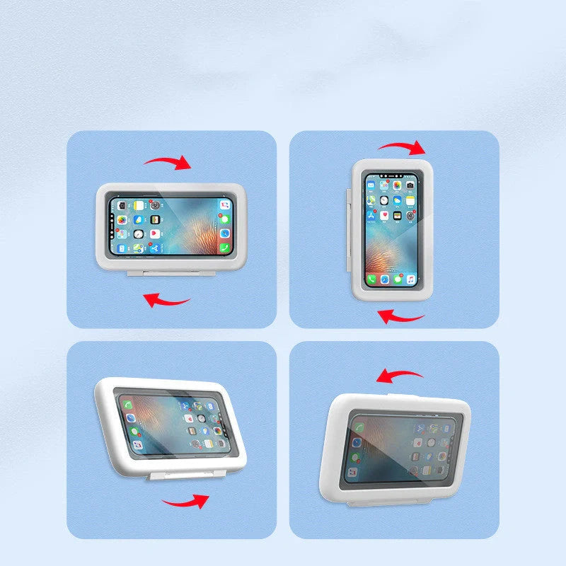 Waterproof shower phone holder with touch screen access and anti-fog window